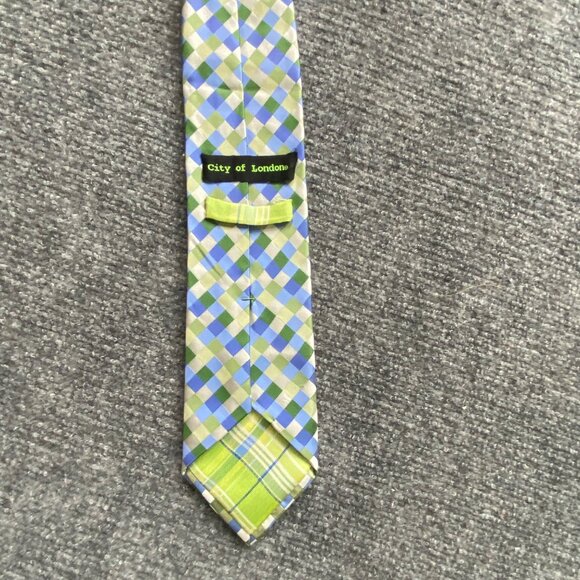 City Of London Tie Mens 100% Silk Blue Green Yellow Plaid Pattern Preppy Wedding - Picture 5 of 7